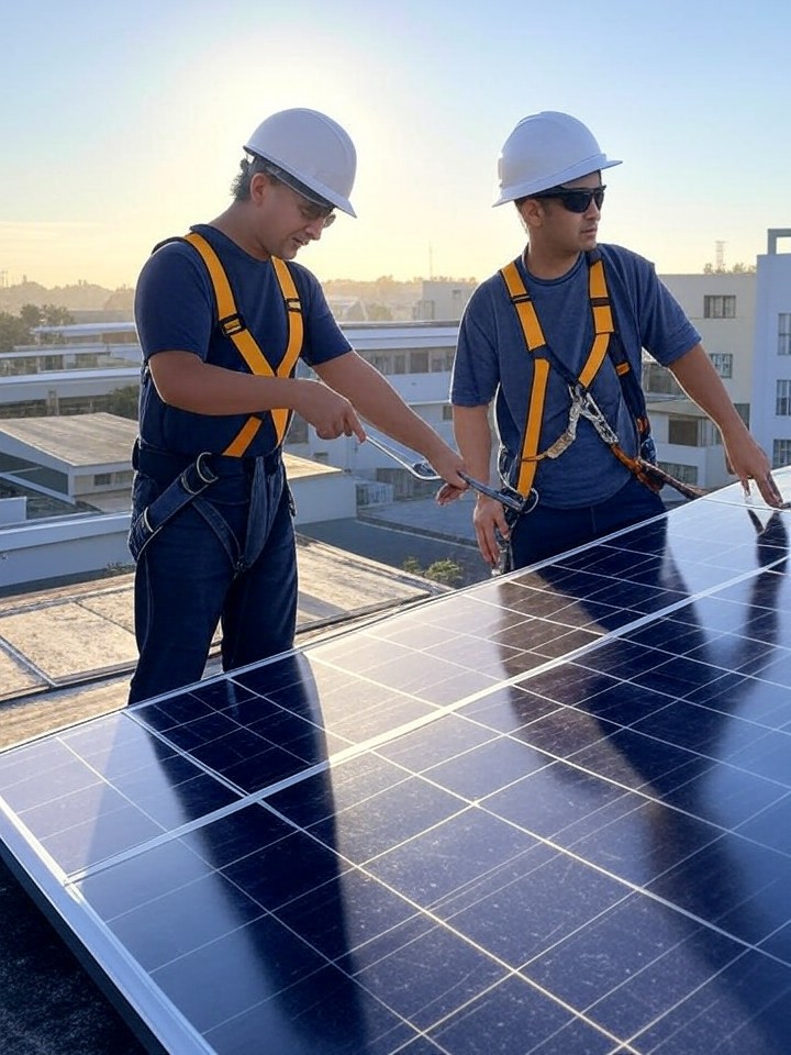 Solar panel installers mounting panels on a rooftop